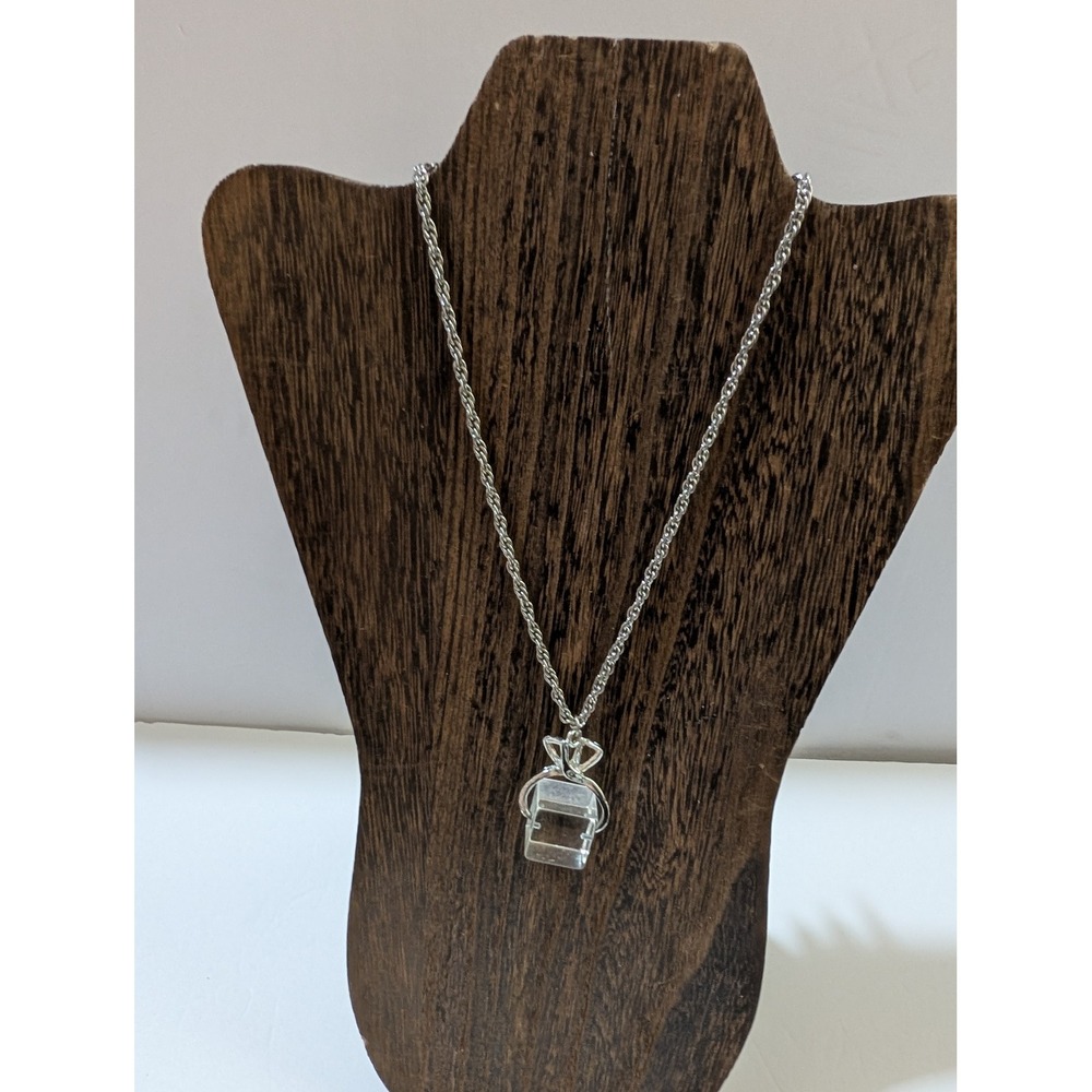 Silver Tone Rope Chain Necklace Clear Cube Pendant Modernist Minimalist Design